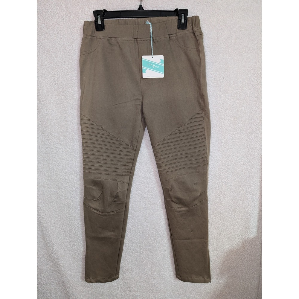 Umgee Skinny Moto‎ Pants Womens S Olive Taupe New Ribbed Knee Biker Jeggings